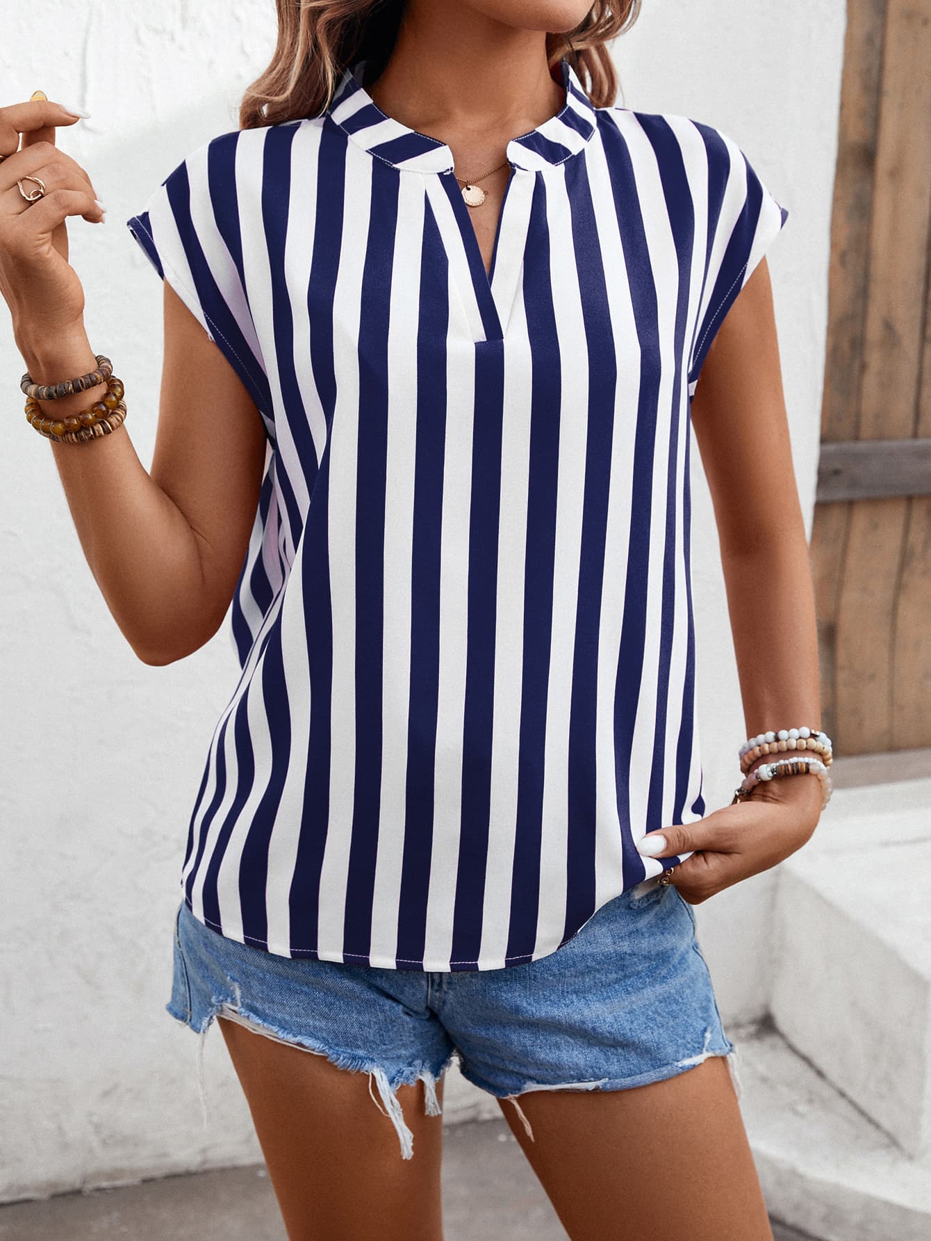 striped notched neck cap sleeve blouse
