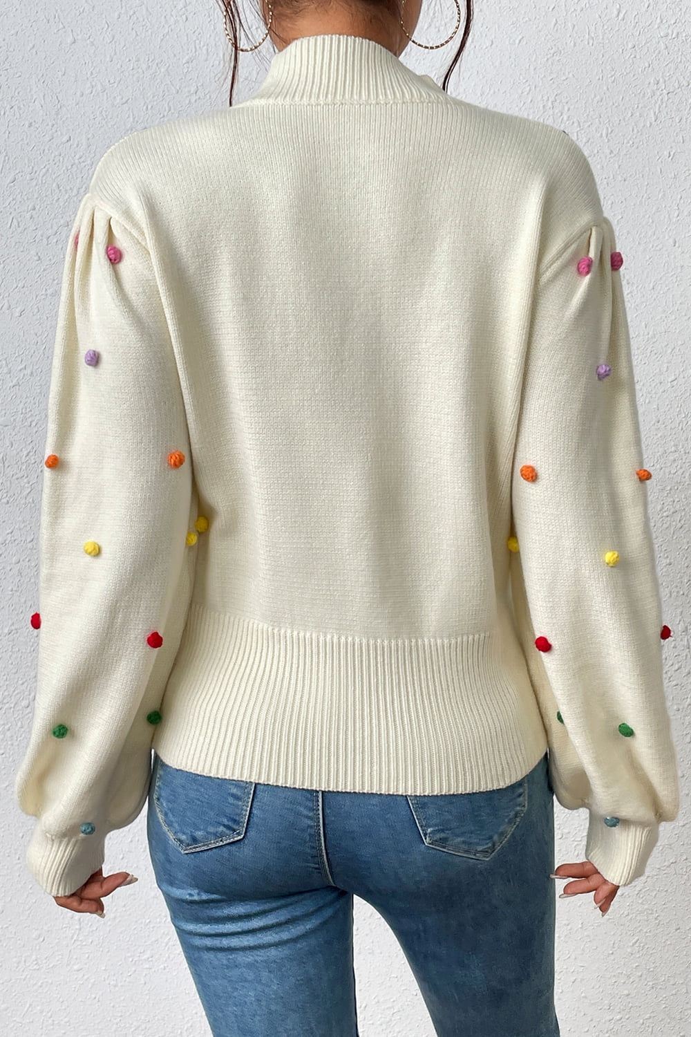 pom-pom trim mock neck long sleeve pullover sweater