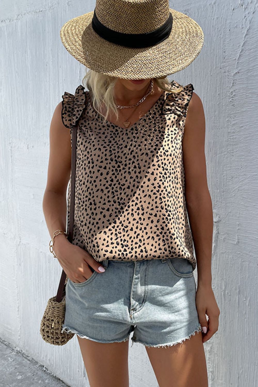 leopard frill trim v-neck tank