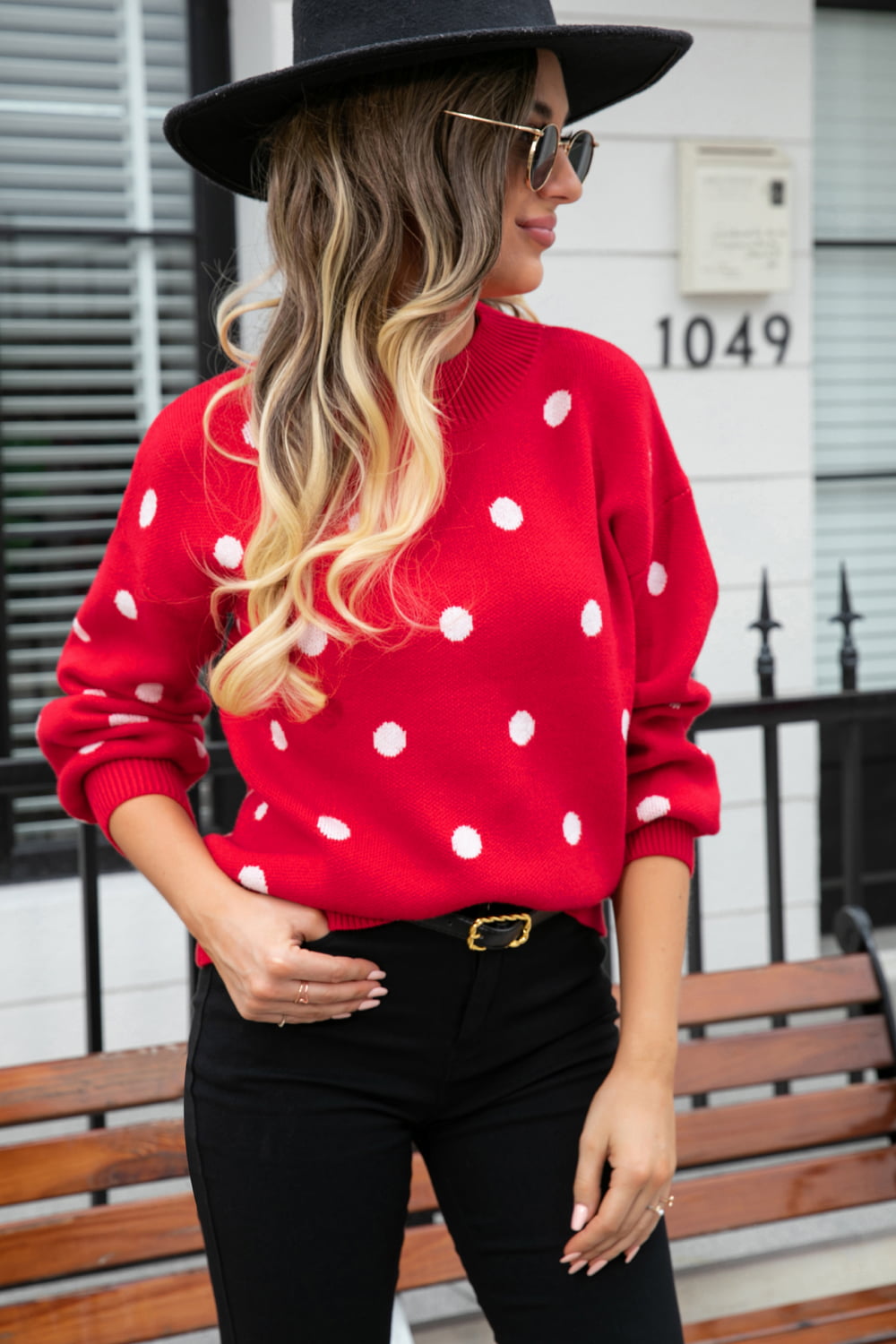 woven right polka dot round neck dropped shoulder sweater