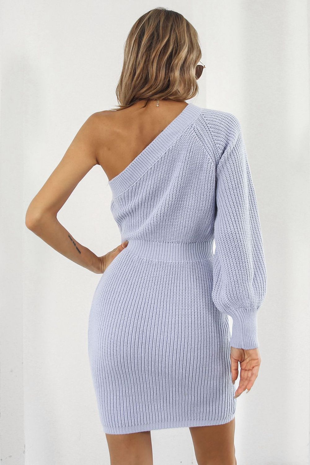 one shoulder raglan sleeve pencil sweater dress