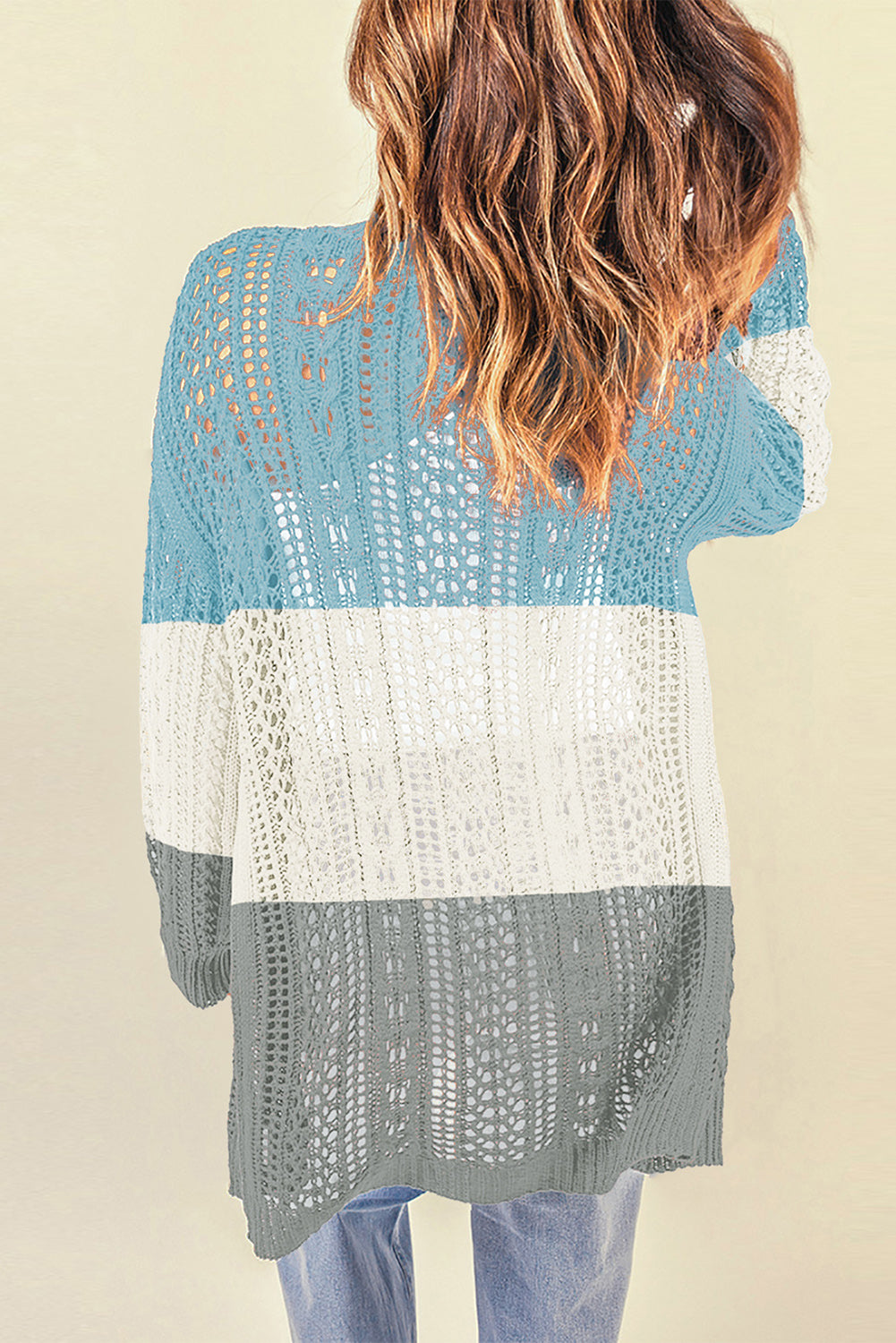 double take openwork ribbed cuff longline cardigan