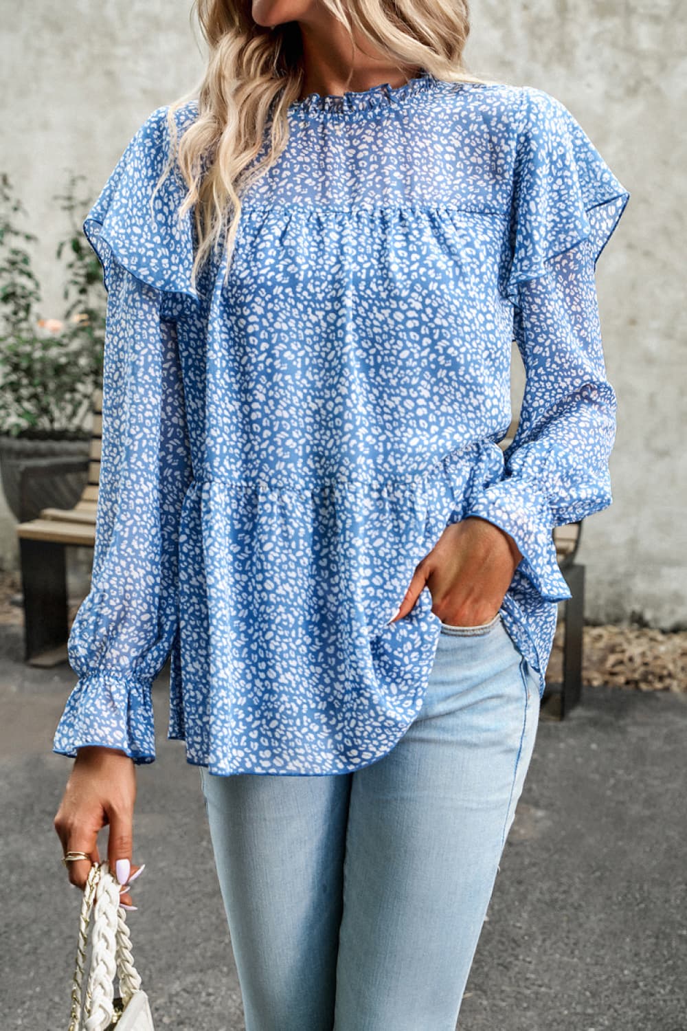 printed round neck flounce sleeve blouse