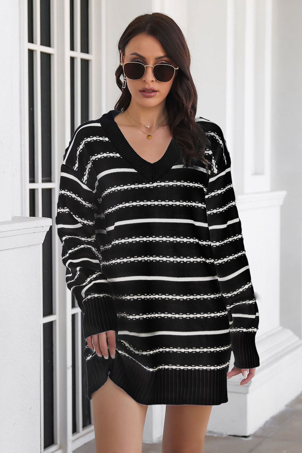 striped v-neck sweater dress