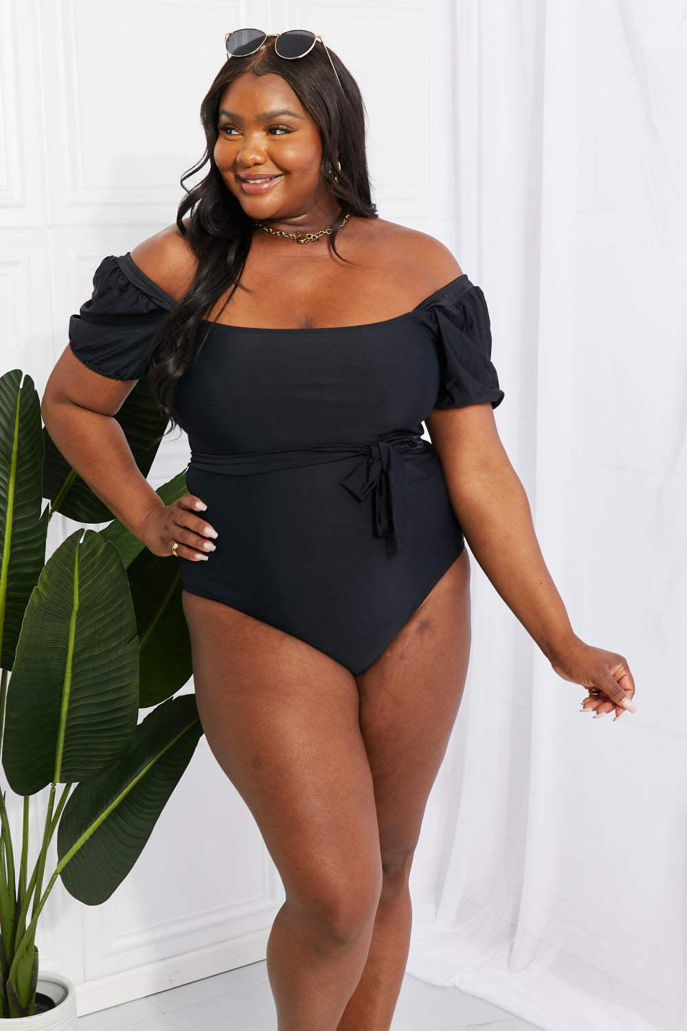 marina west swim salty air puff sleeve one-piece in black
