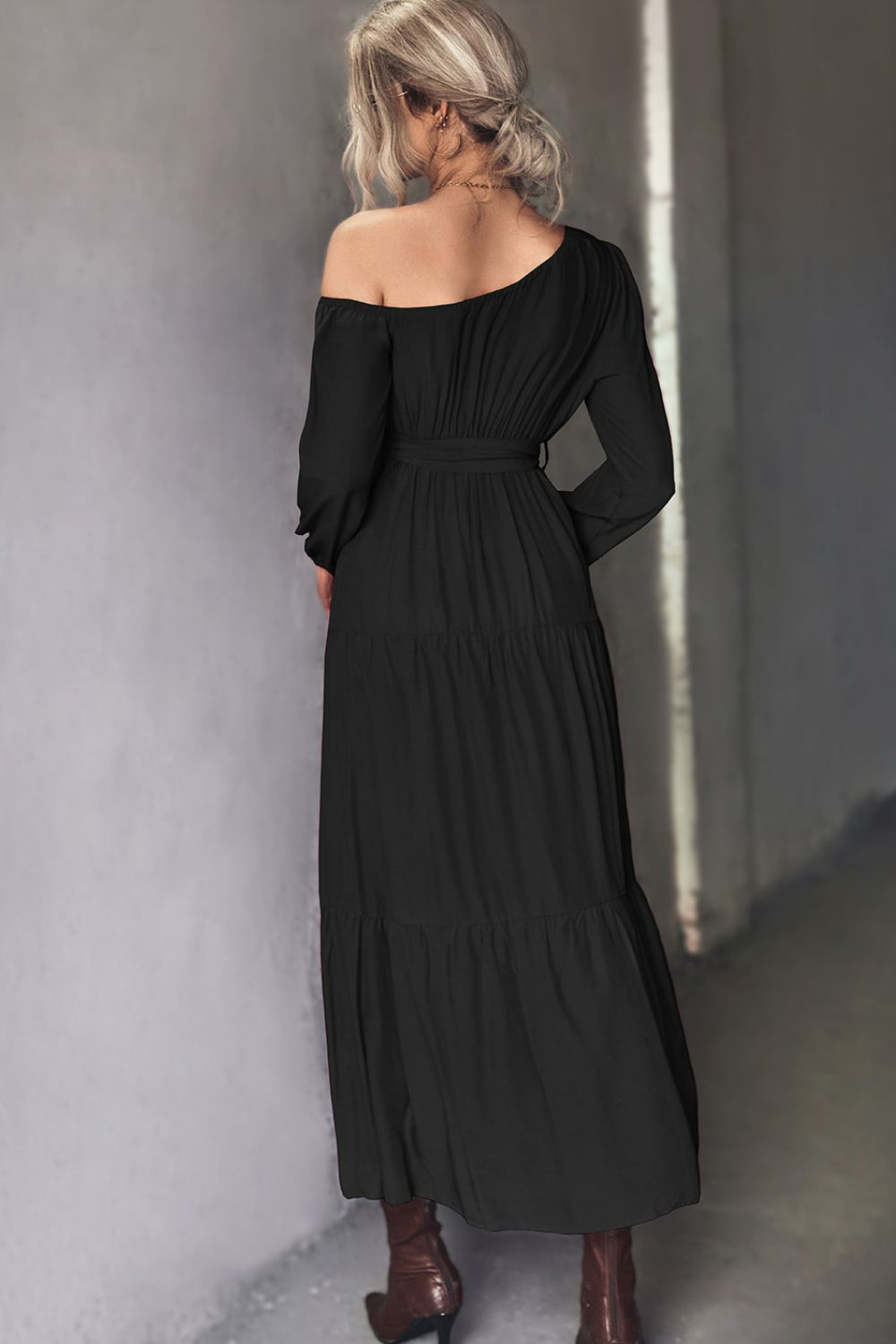 belted one-shoulder tiered maxi dress