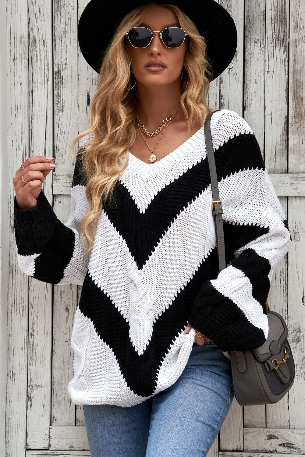 woven right chevron cable-knit v-neck tunic sweater