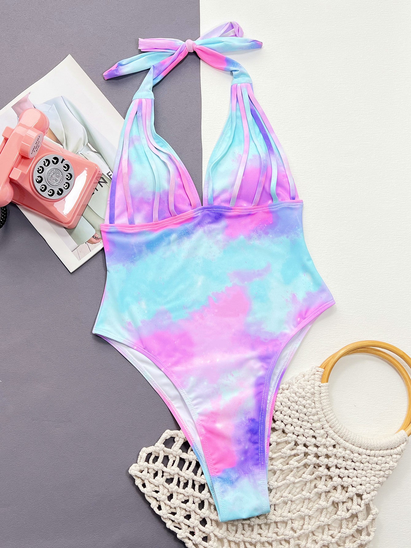 tie-dye halter neck one-piece swimsuit