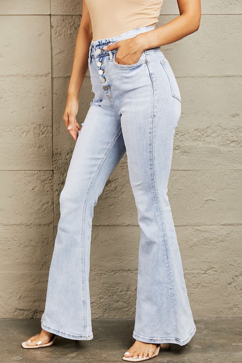 bayeas high waisted button fly flare jeans