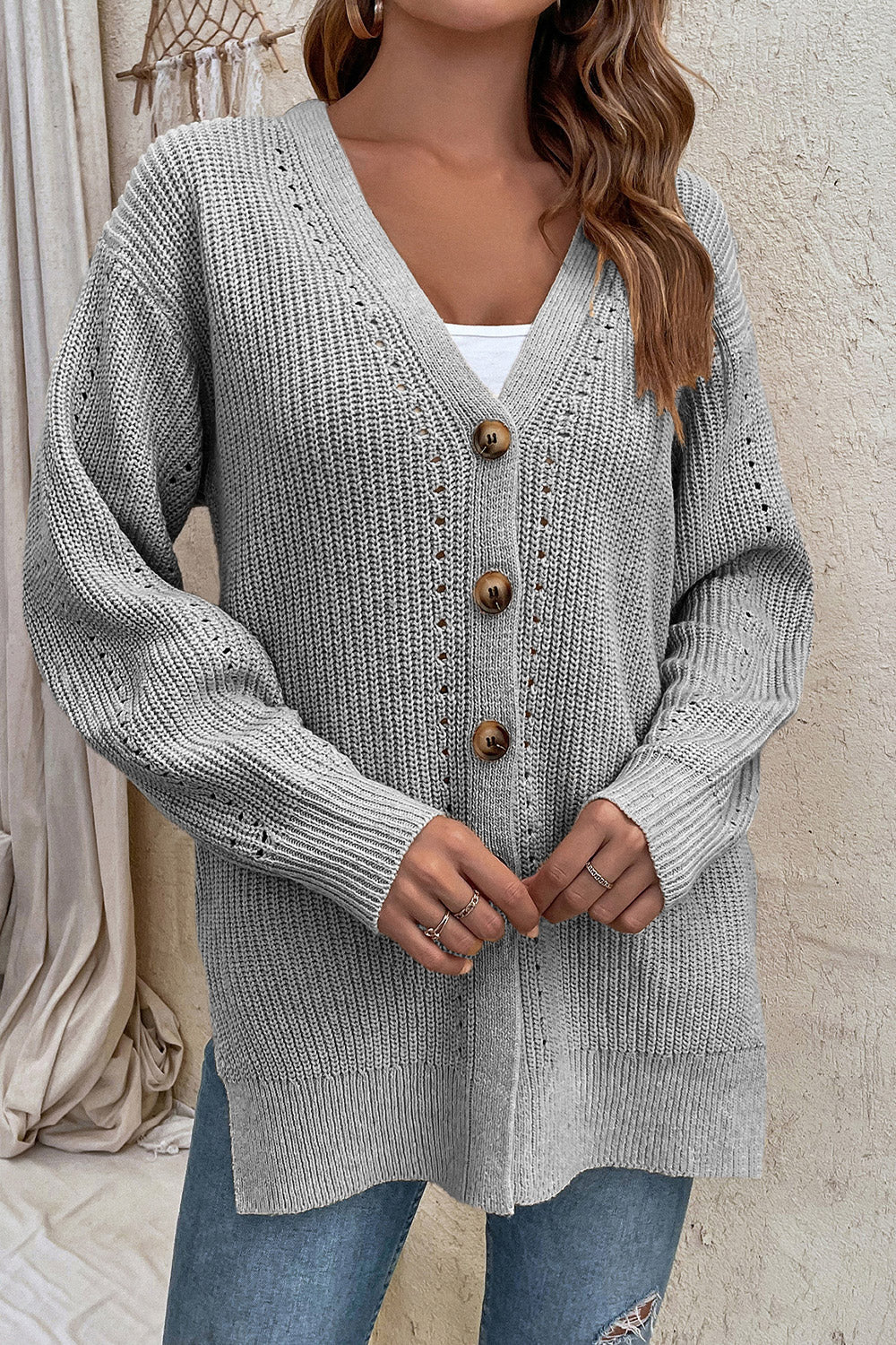 v-neck openwork long sleeve cardigan