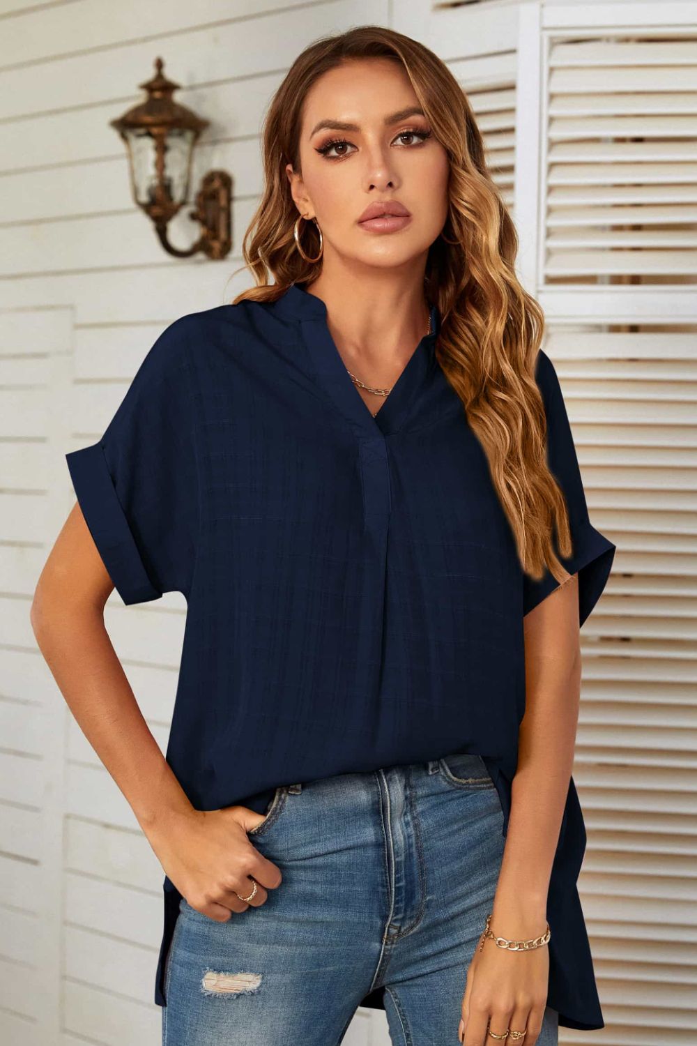 notched neck slit cuffed blouse