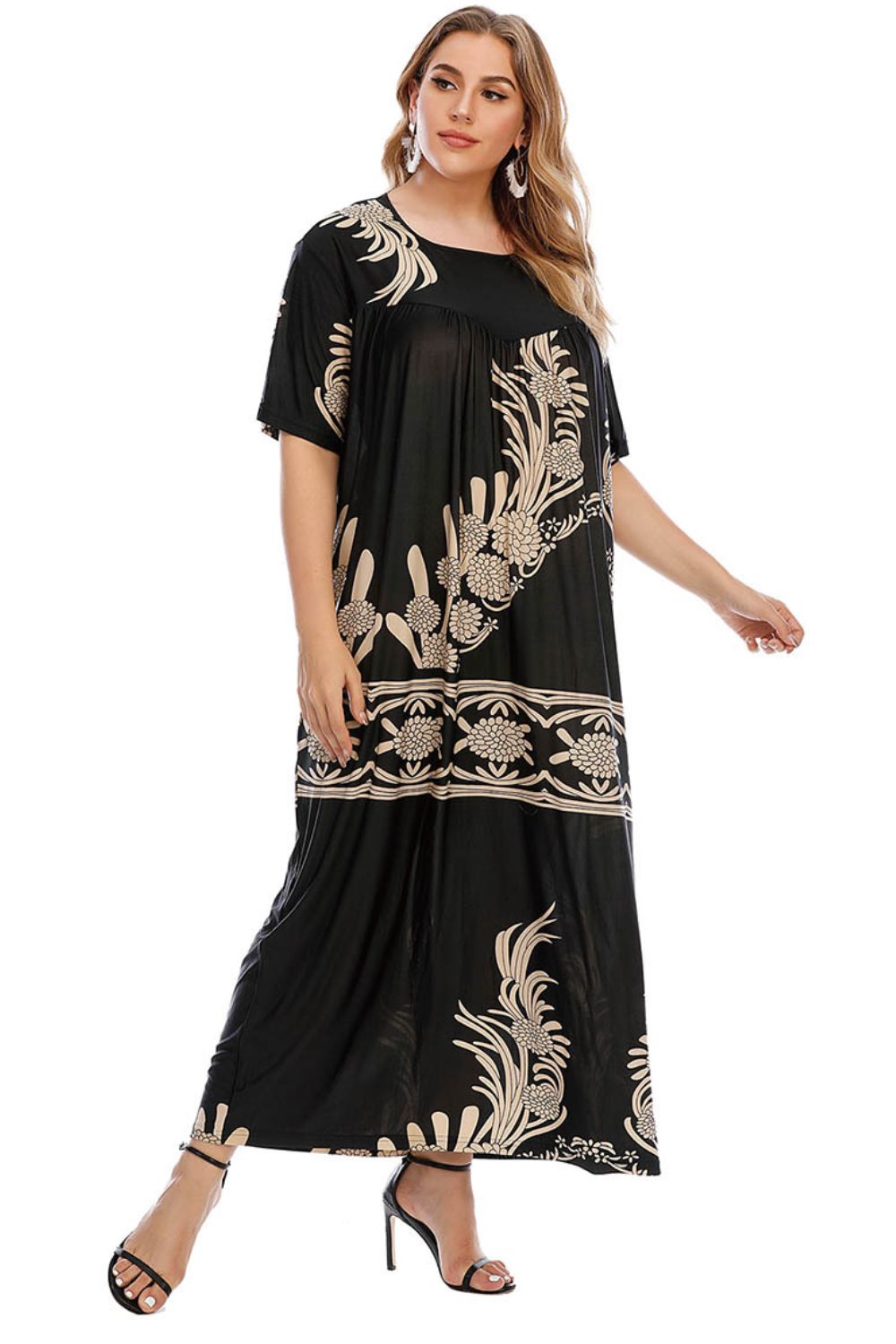 plus size floral round neck half sleeve maxi dress