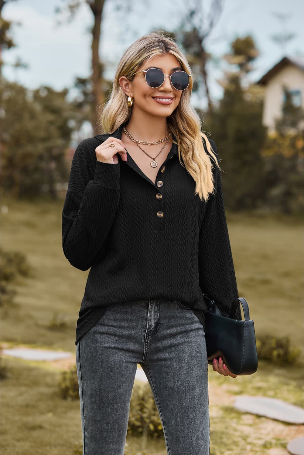 collared neck long sleeve blouse