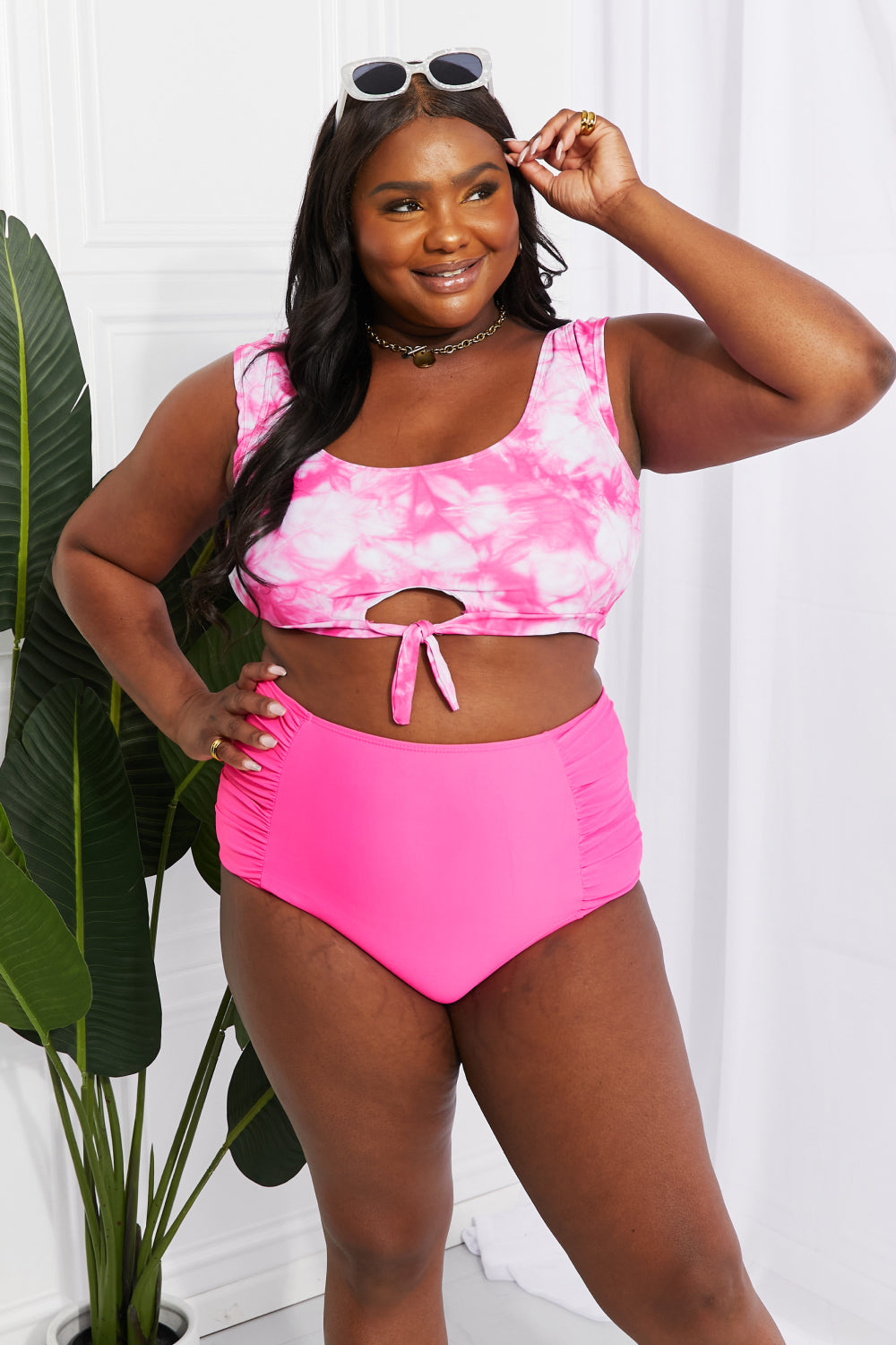 marina west swim sanibel crop swim top and ruched bottoms set in pink