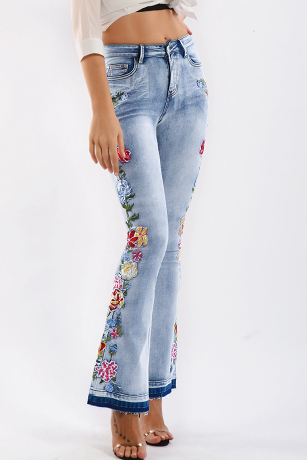 full size flower embroidery wide leg jeans