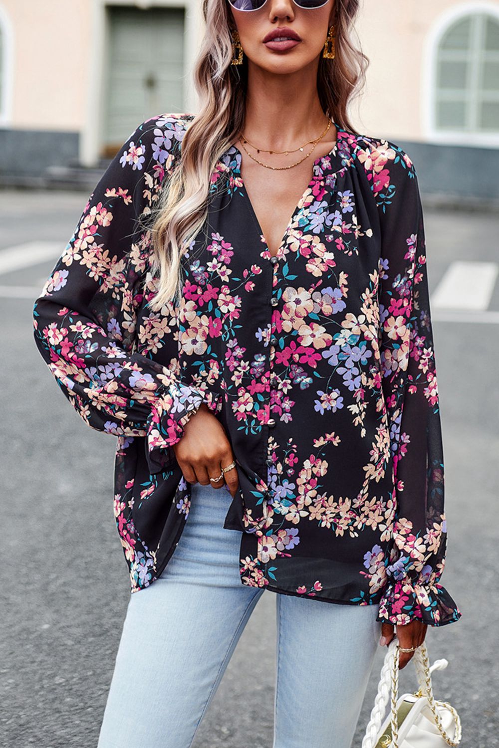 floral print flounce sleeve blouse