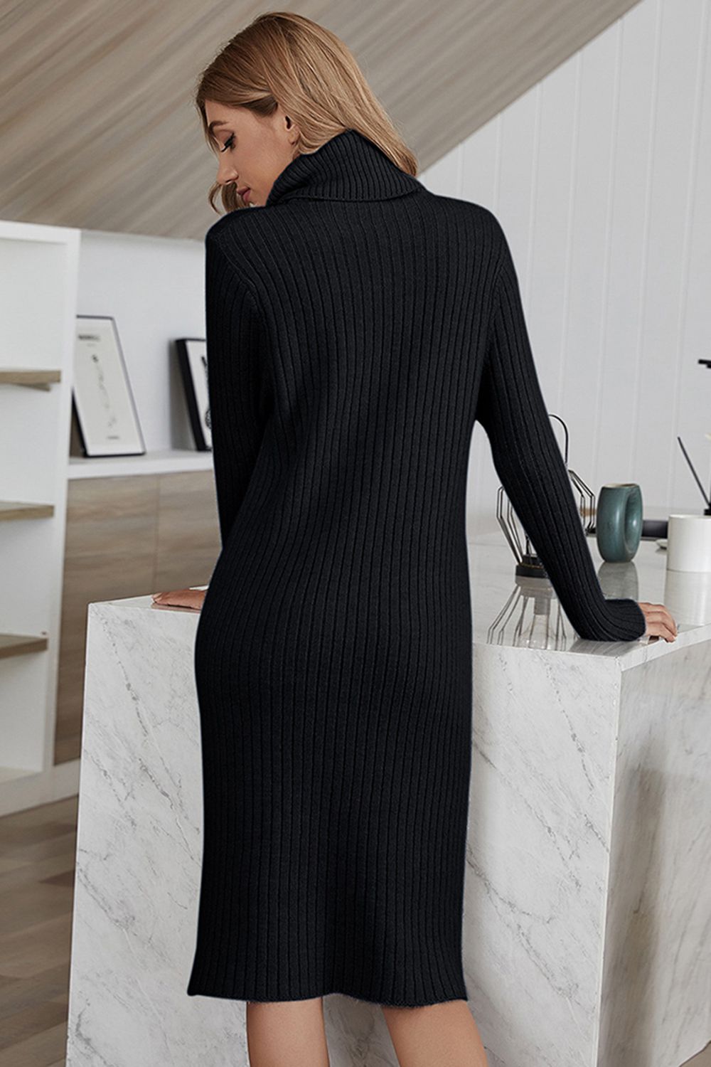 ribbed turtle neck long sleeve sweater dress