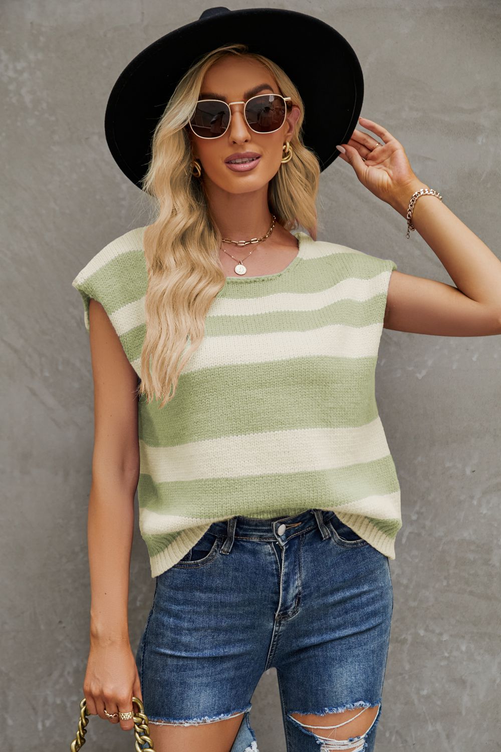 striped round neck cap sleeve knit top
