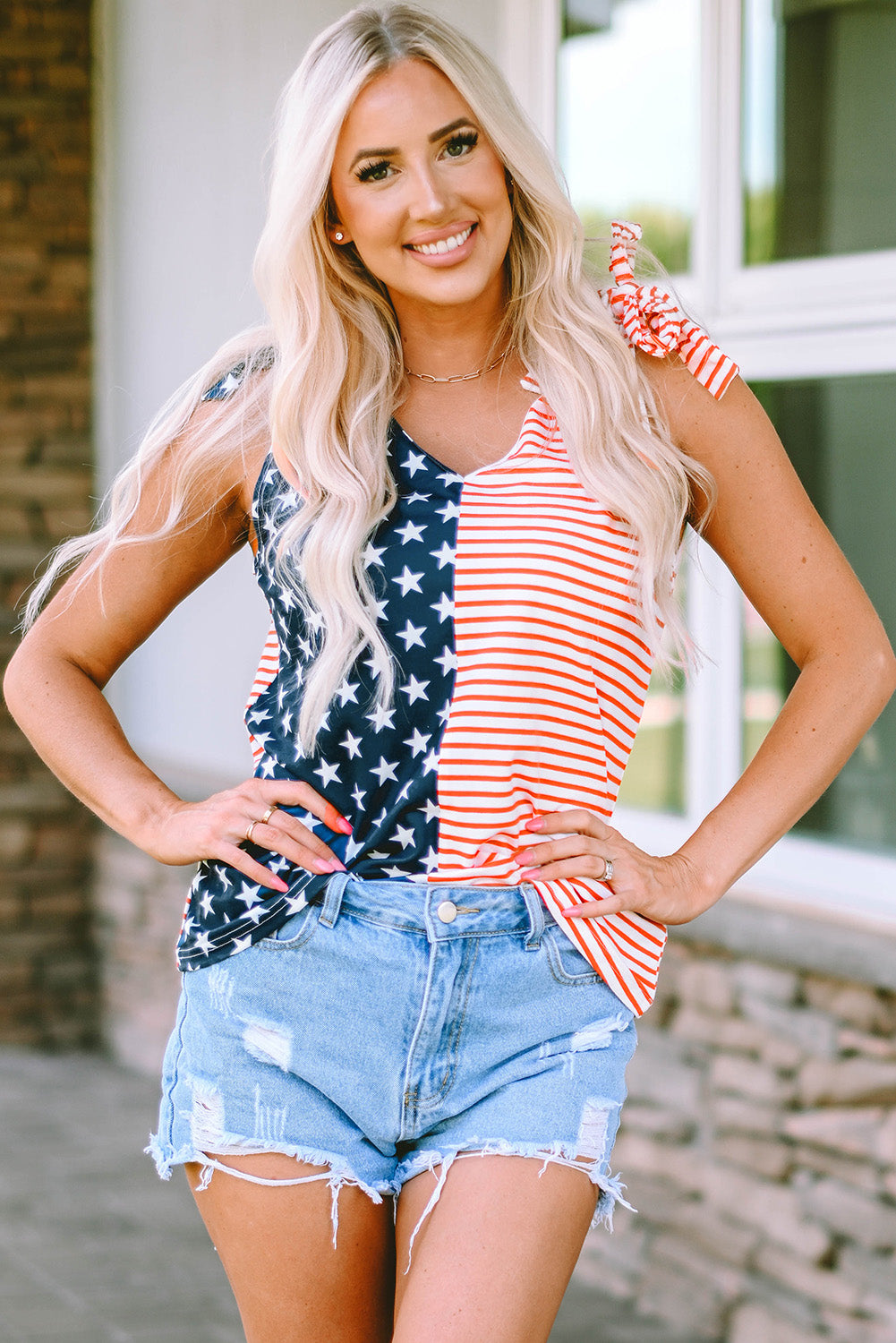 star and stripe v-neck bow detail tank