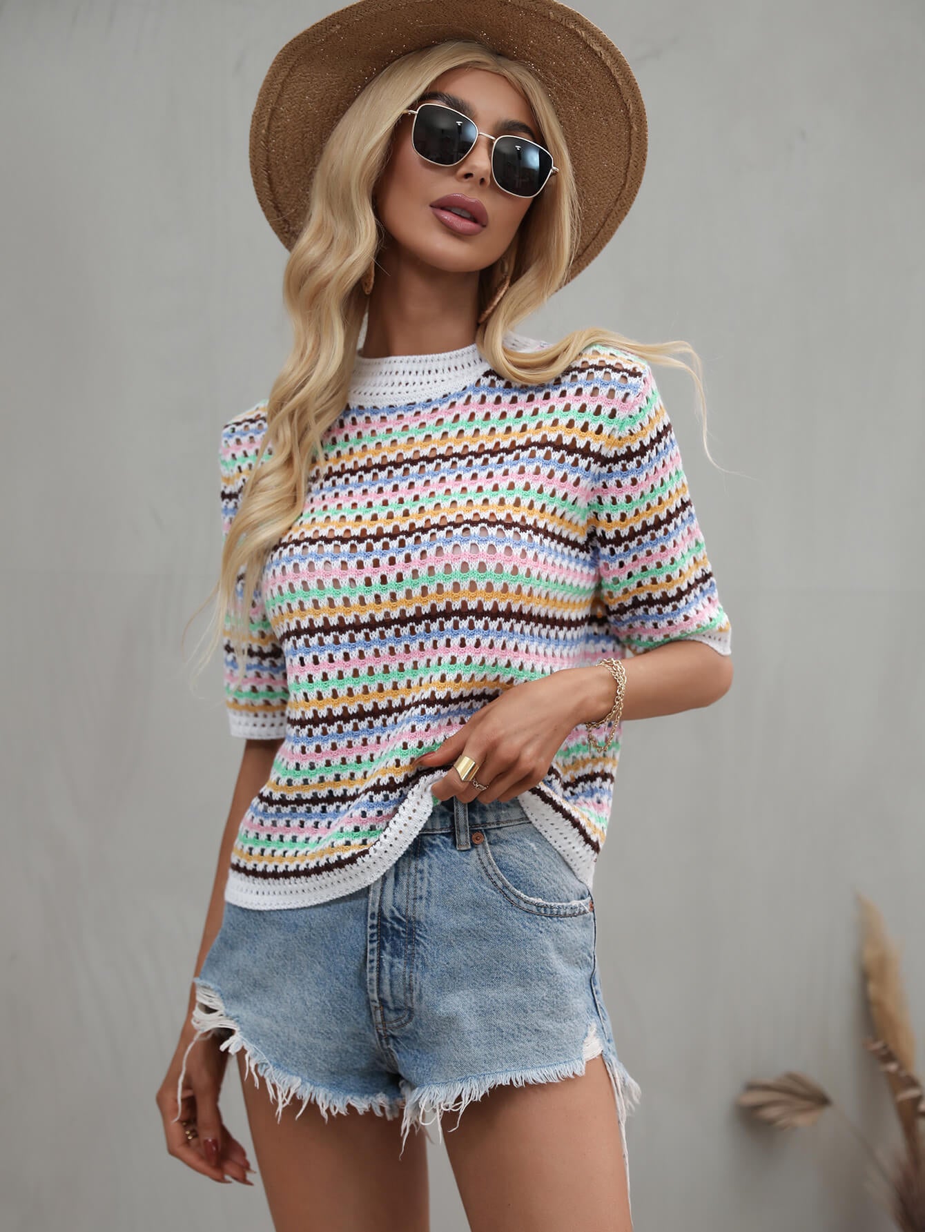 striped openwork half sleeve knit top