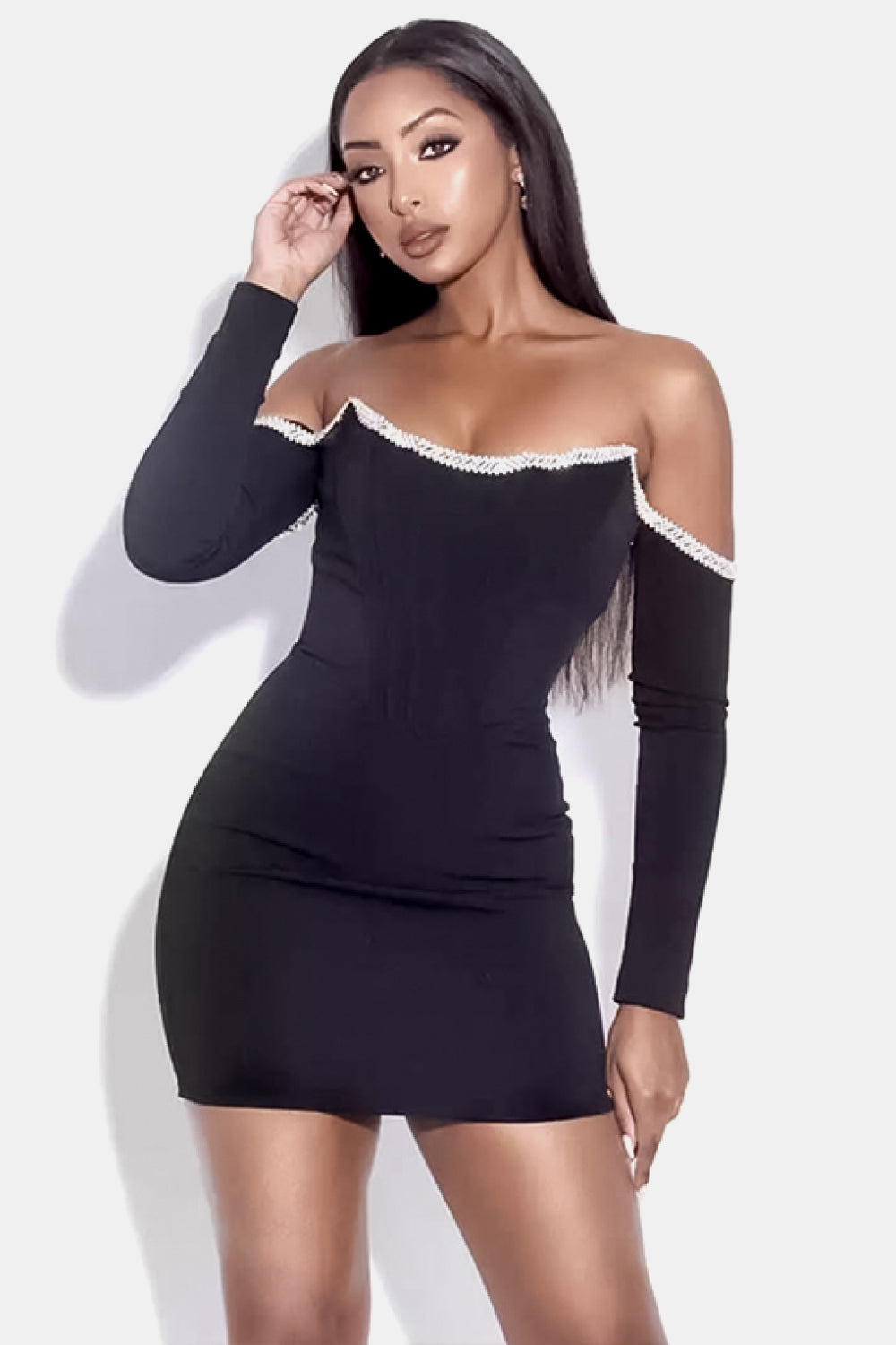 rhinestone trim off-shoulder bandage dress