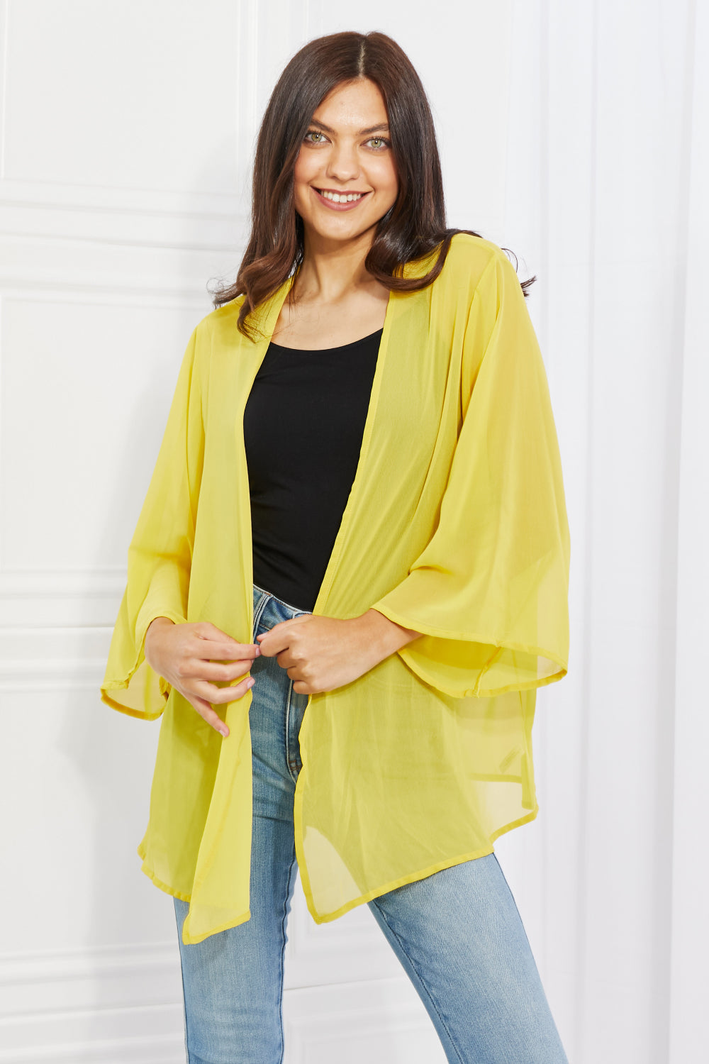 melody just breathe full size chiffon kimono in yellow