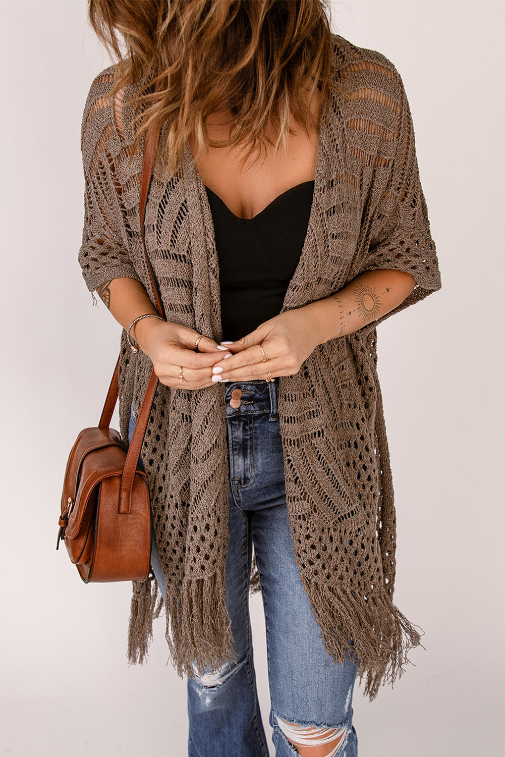 fringe hem slit open front cardigan