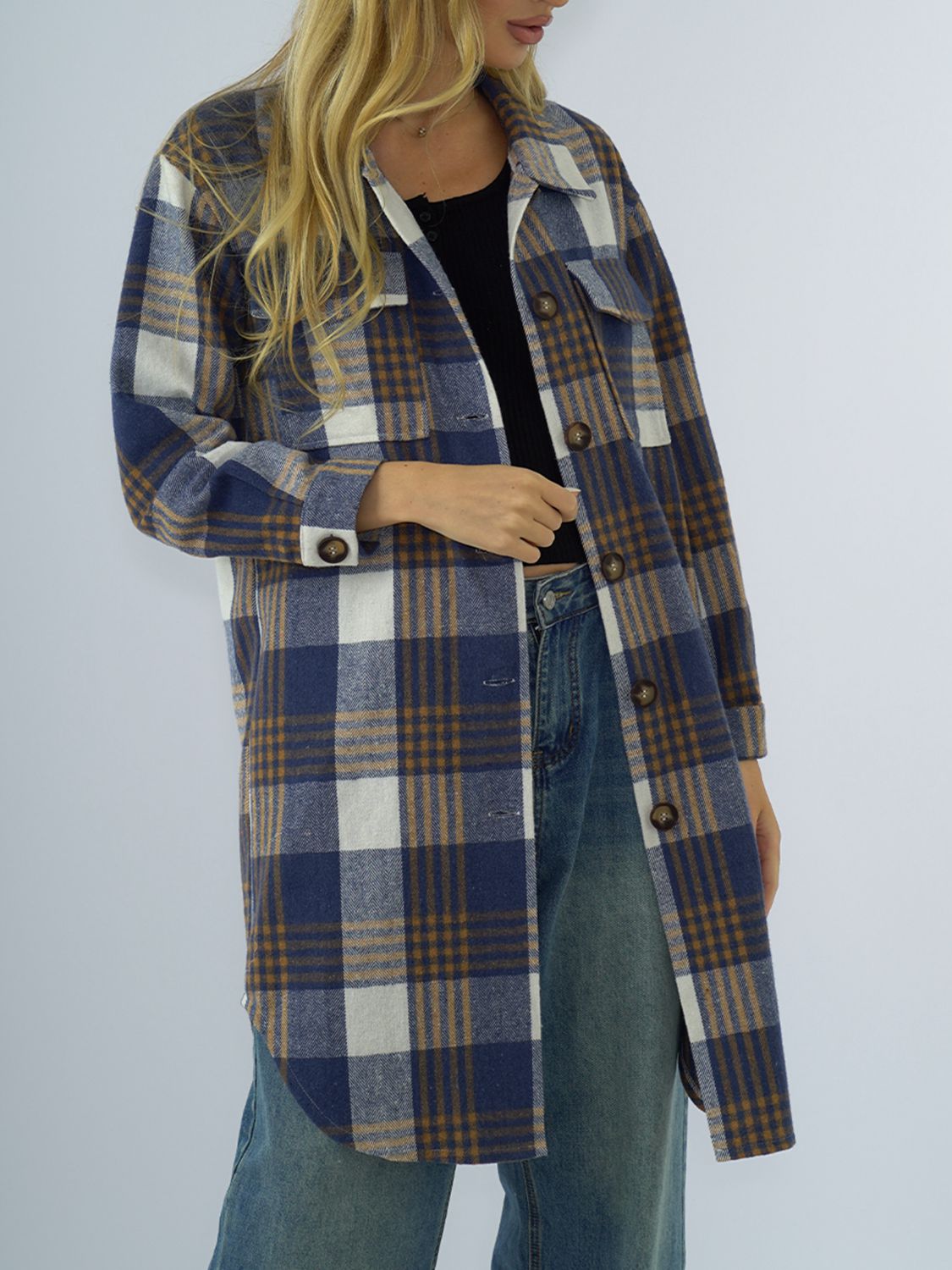 plaid collared neck long sleeve coat