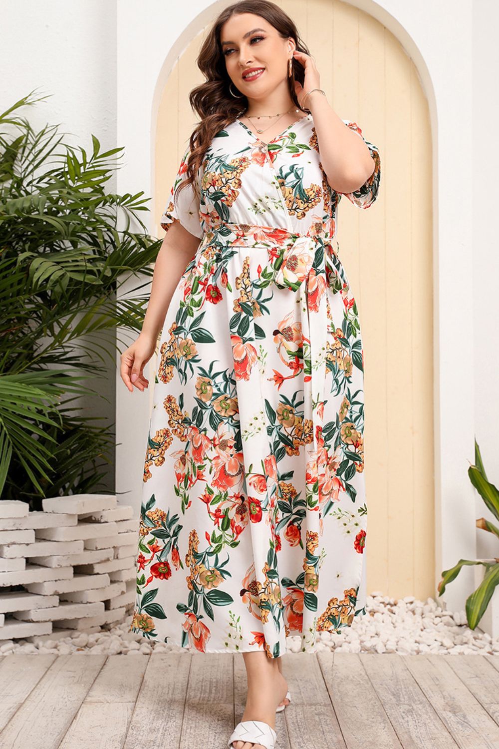 plus size printed surplice short sleeve maxi dress