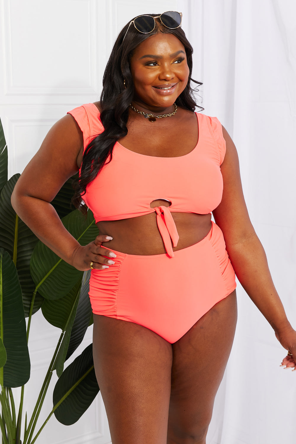 marina west swim sanibel crop swim top and ruched bottoms set in coral