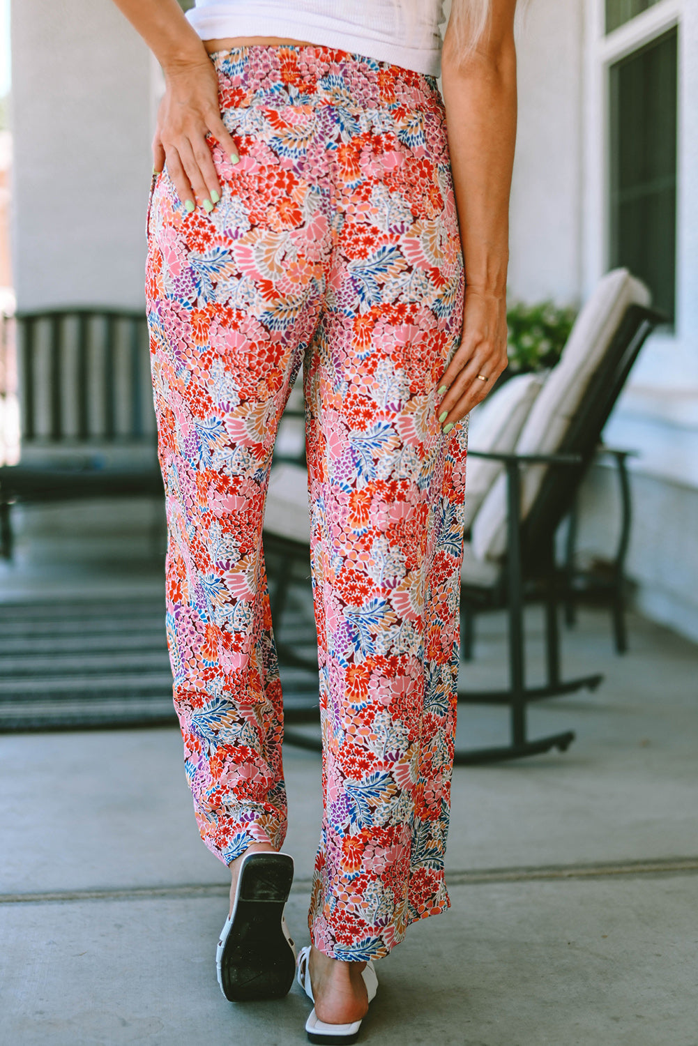 printed tie waist wide leg long pants