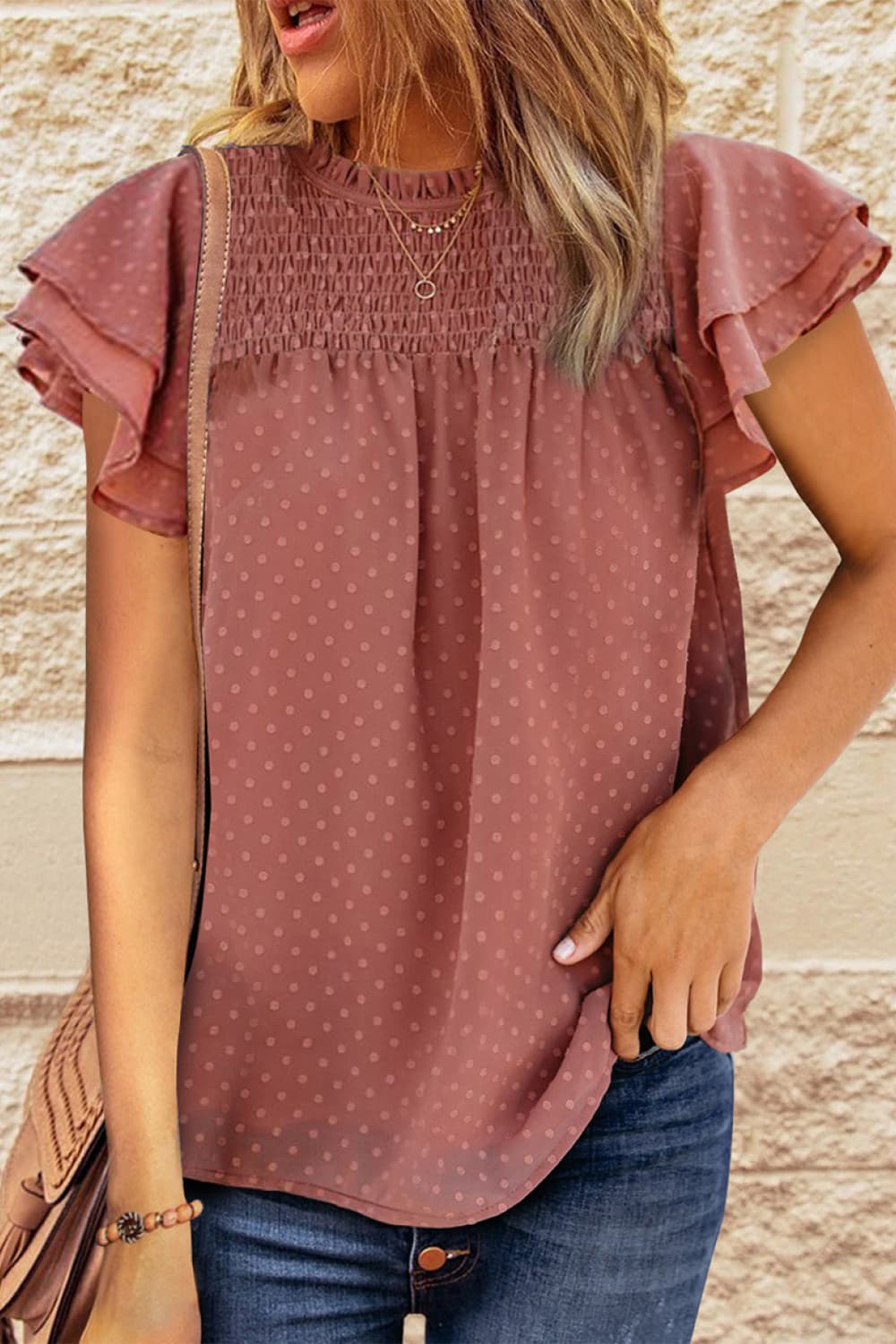 layered flutter sleeve smocked blouse