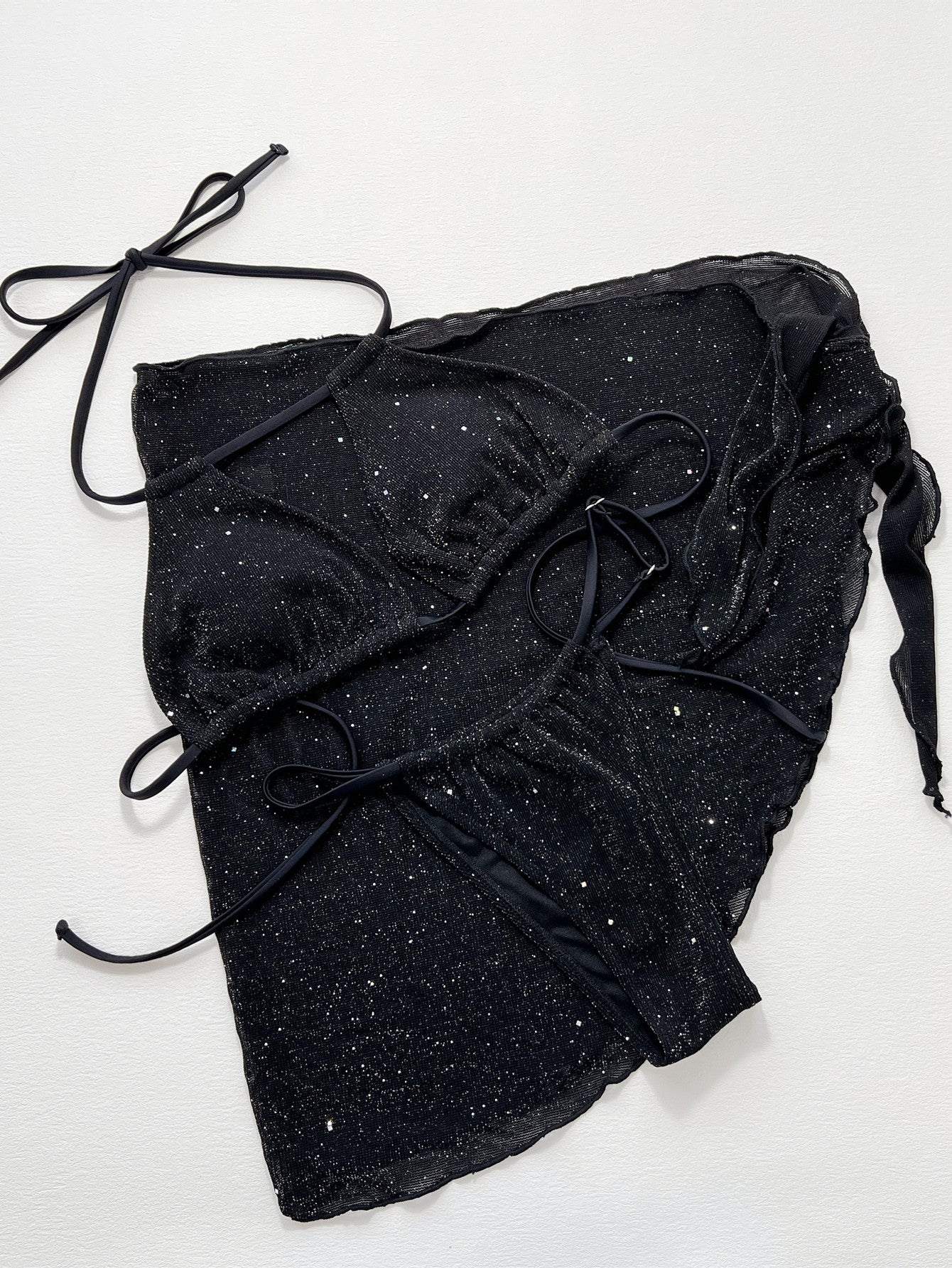 glitter halter neck backless three-piece swim set