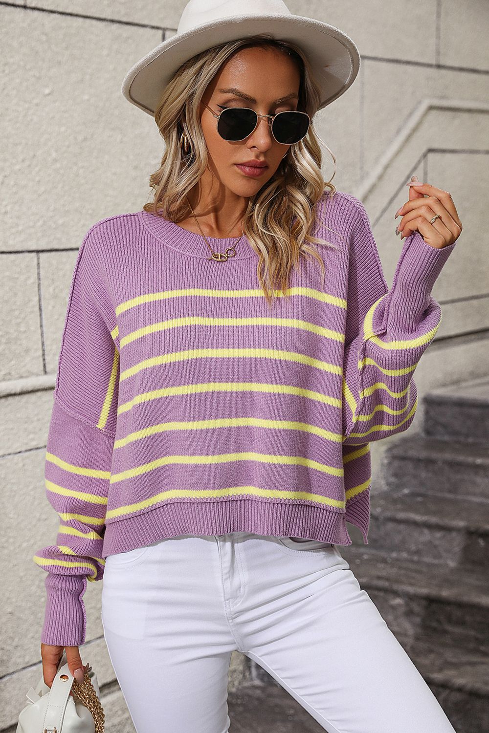 striped dropped shoulder round neck pullover sweater