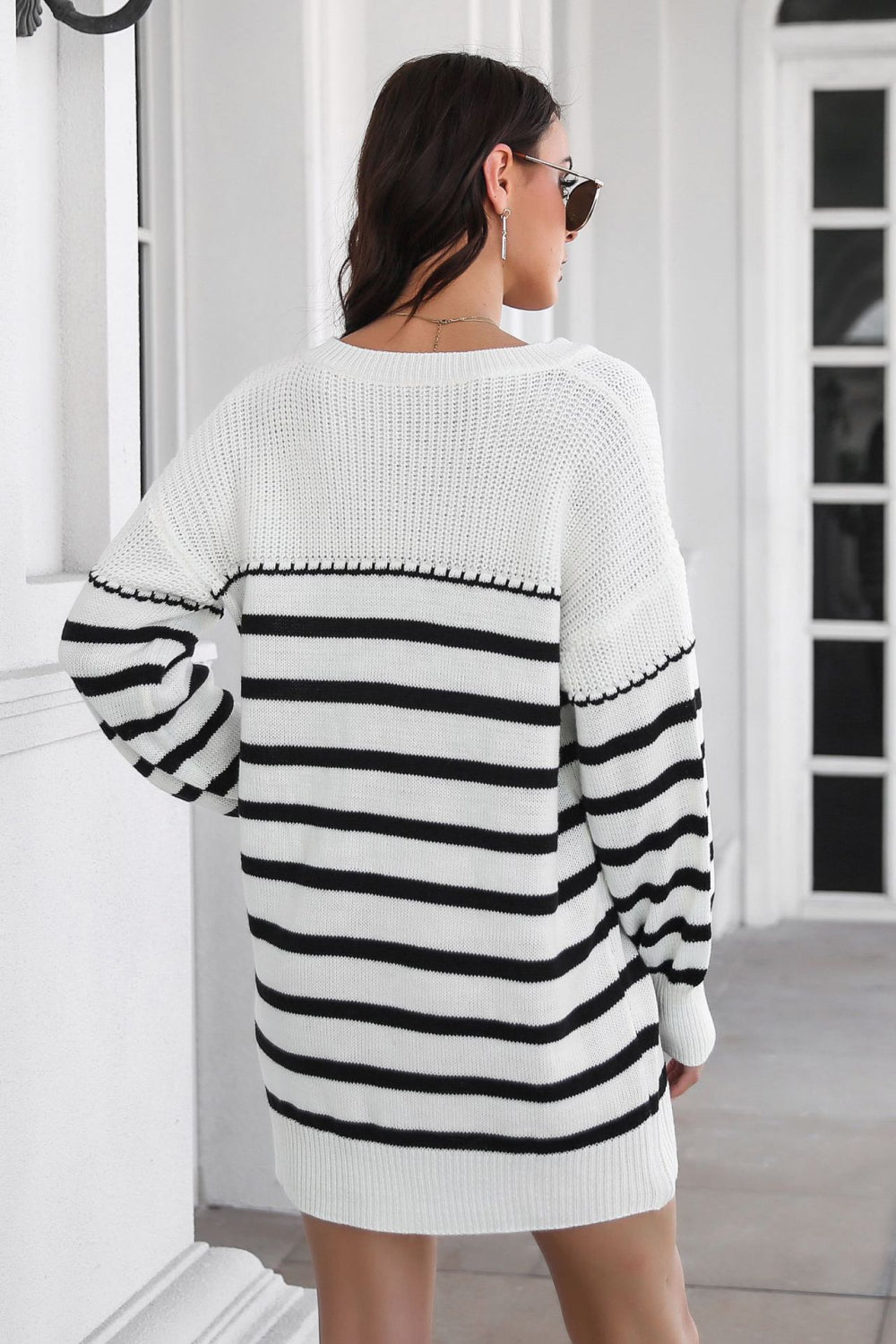 striped v-neck drop shulder sweater dress