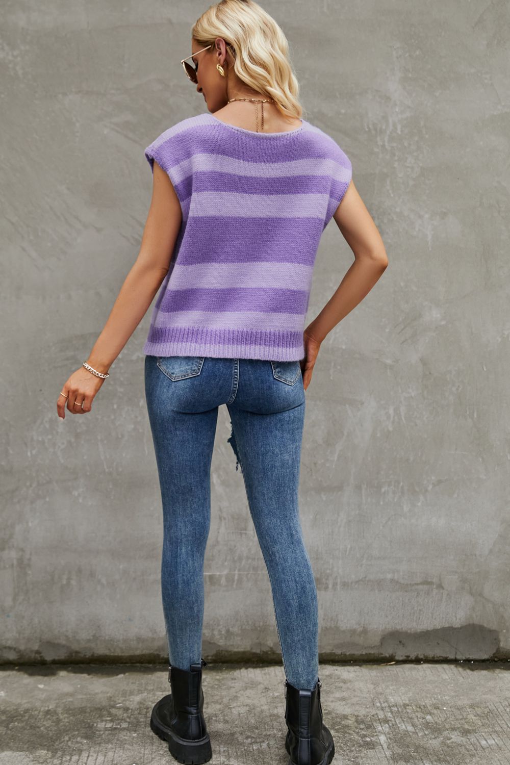 striped round neck cap sleeve knit top