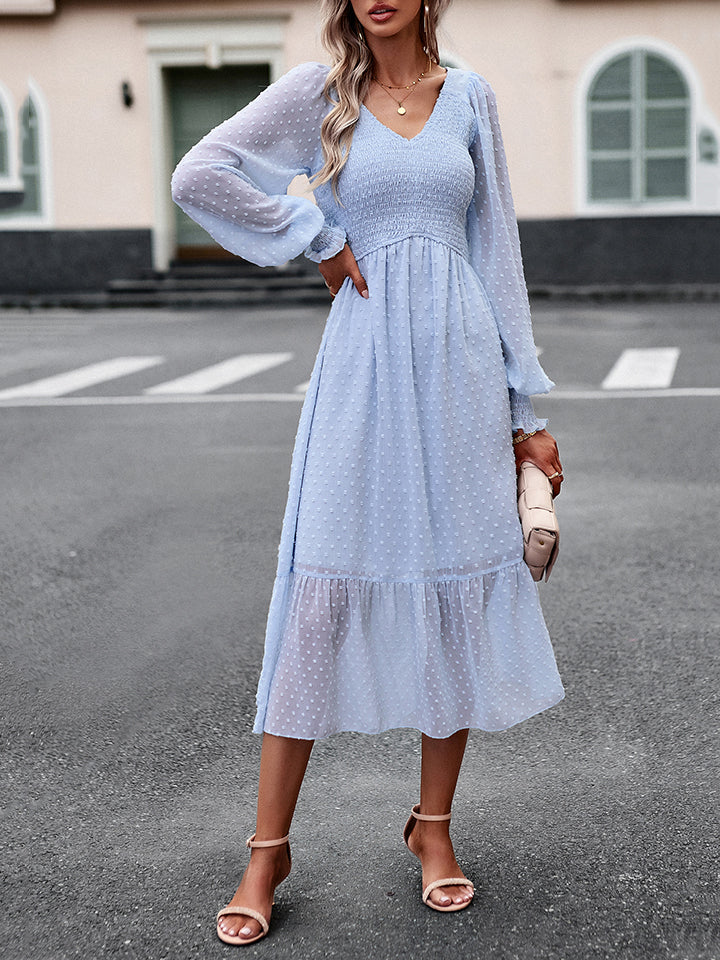 swiss dot v-neck flounce sleeve midi dress