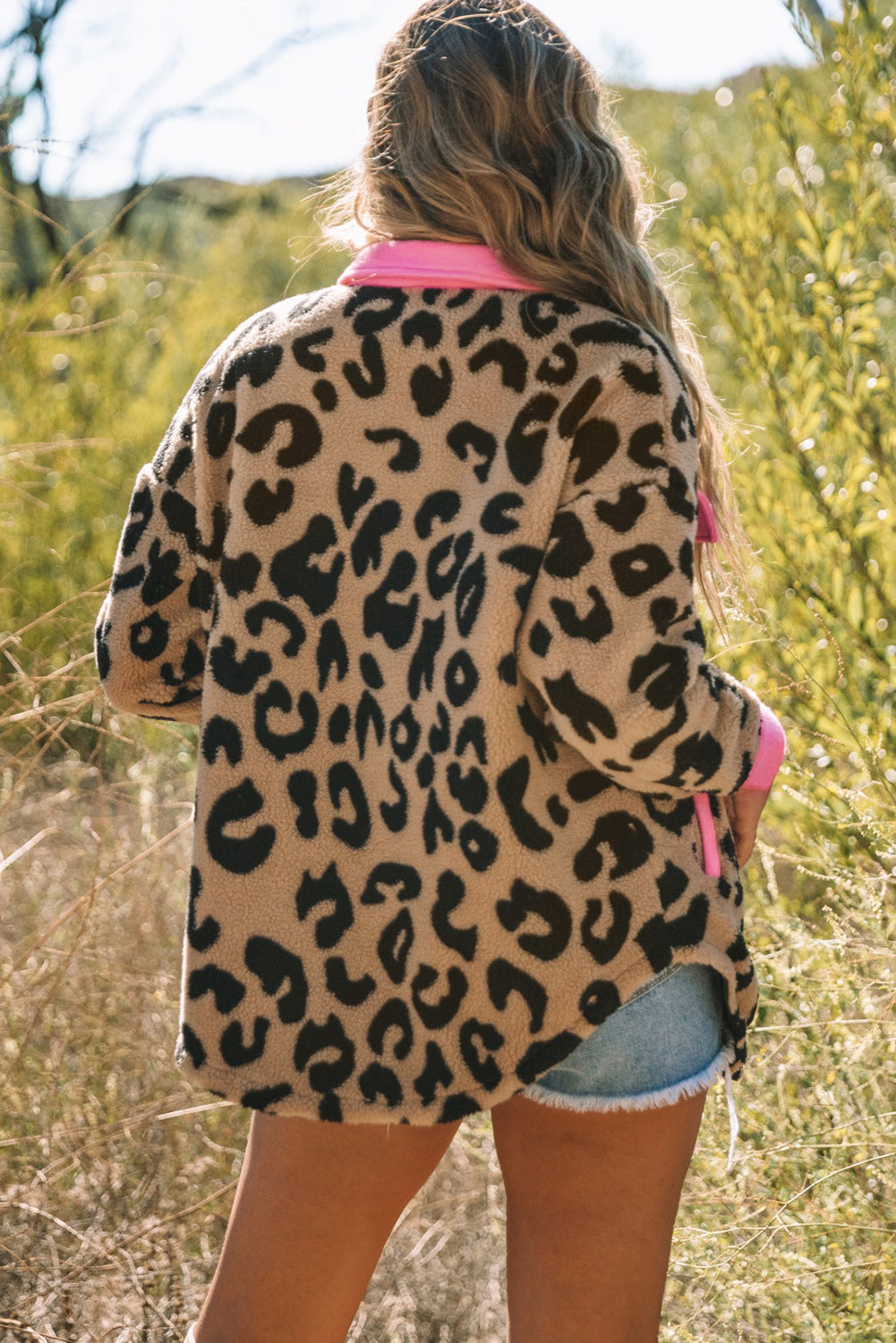 leopard contrast teddy shacket with pockets