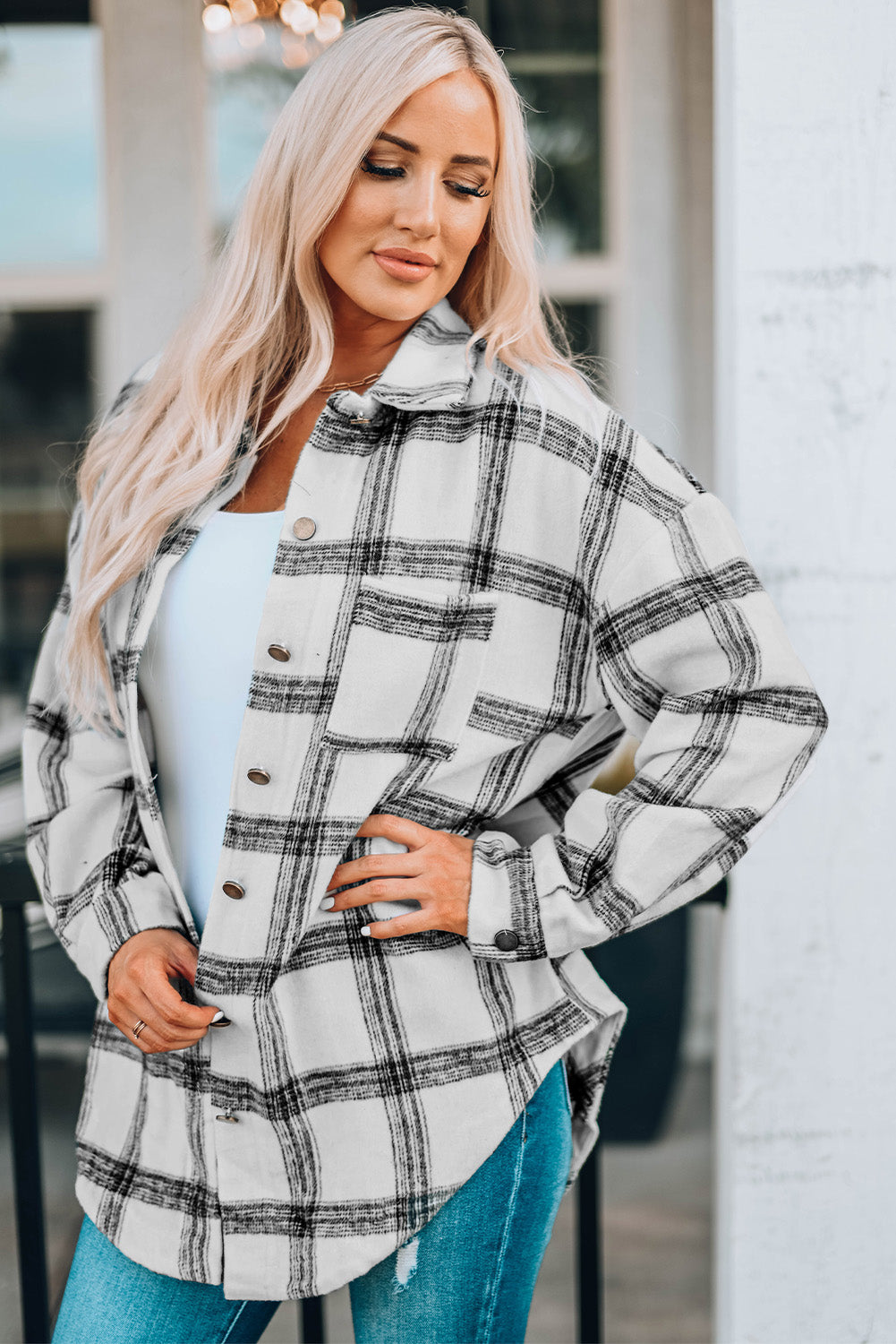 plaid curved hem dropped shoulder longline shirt jacket