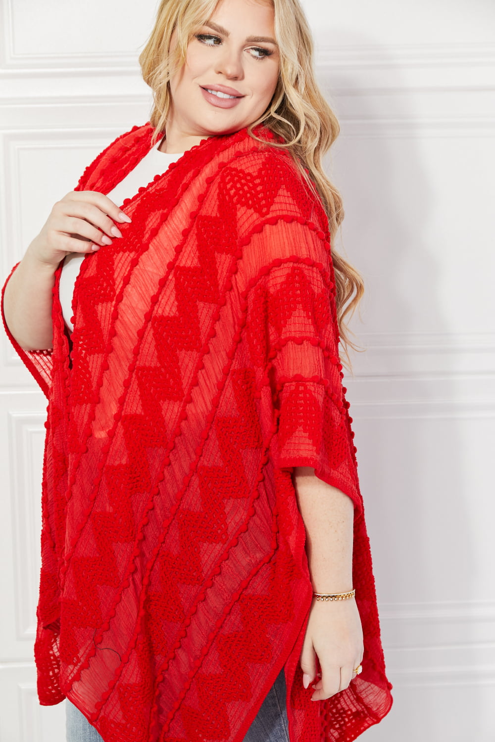 justin taylor pom-pom asymmetrical poncho cardigan in red