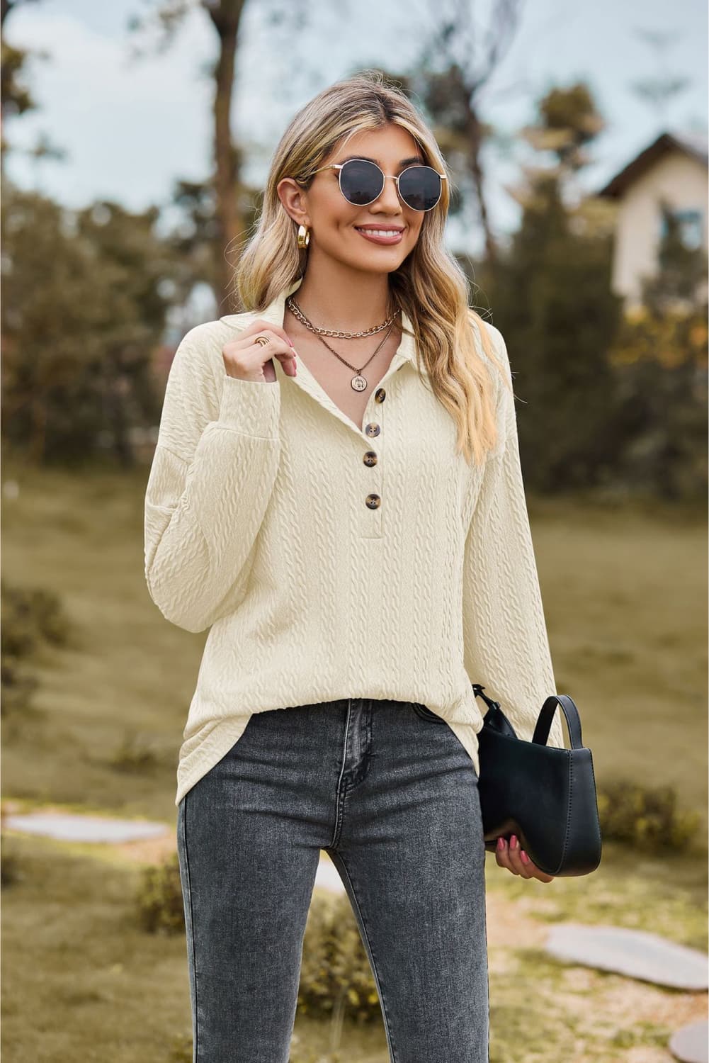 collared neck long sleeve blouse