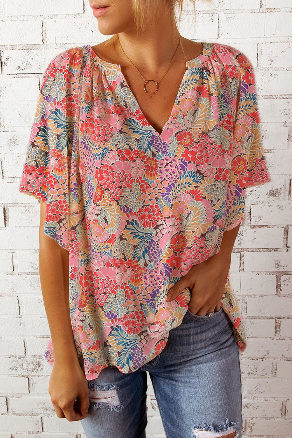 floral notched neck flutter sleeve blouse