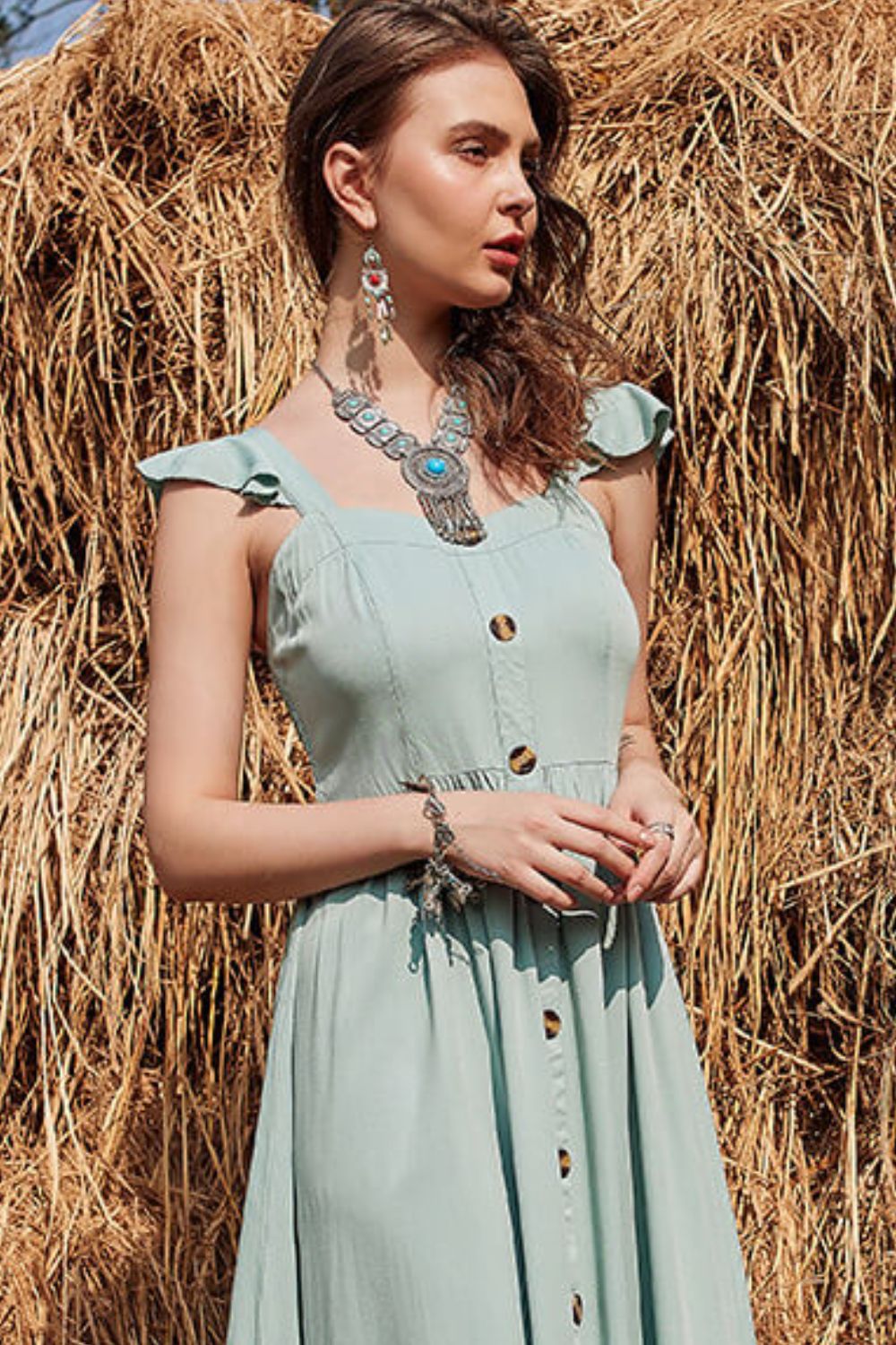 decorative button ruffle trim smocked maxi dress