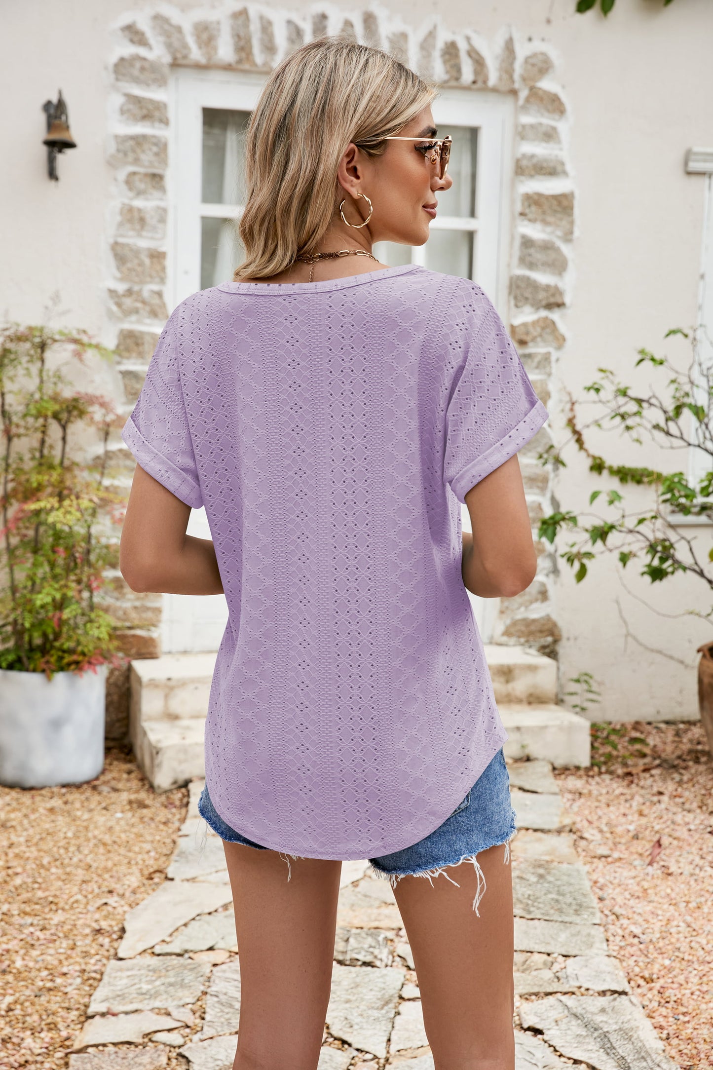 full size round neck eyelet short sleeve top