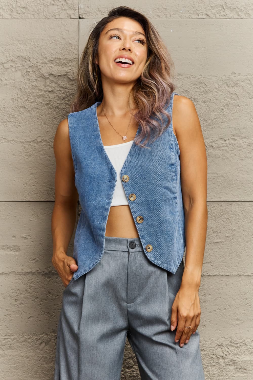 button down denim vest