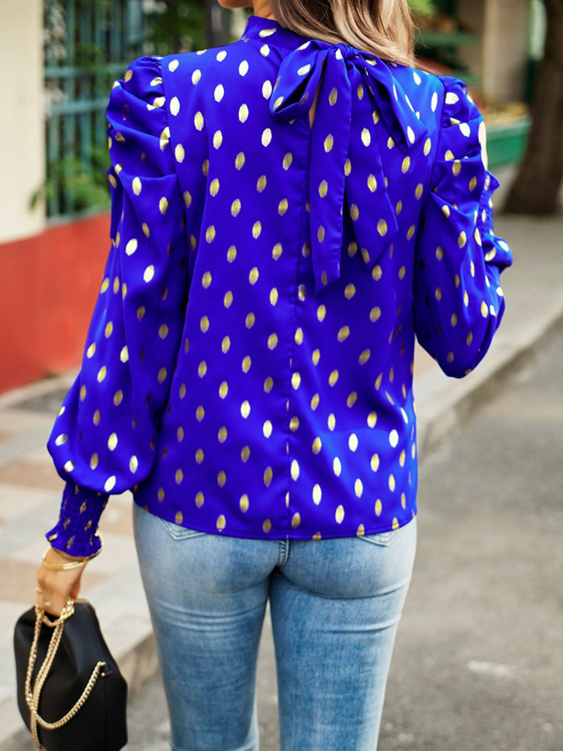 printed mock neck lantern sleeve blouse