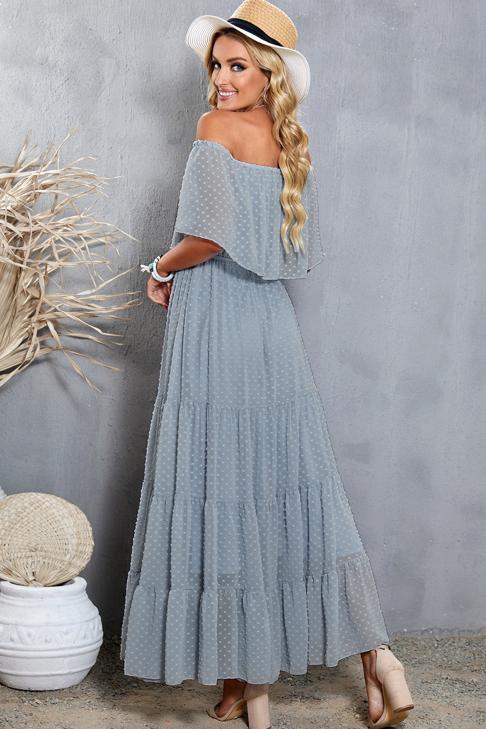 swiss dot off-shoulder tiered maxi dress