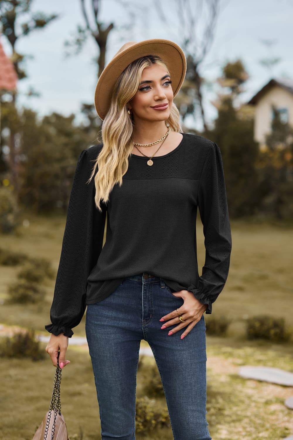 round neck puff sleeve blouse