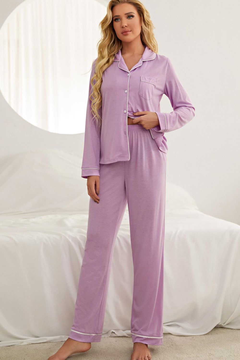 contrast piping button down top and pants loungewear set