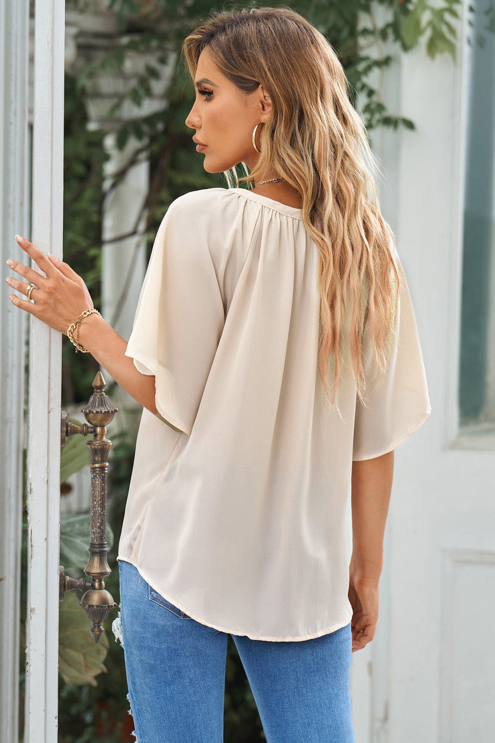 gathered detail notched neck flutter sleeve top